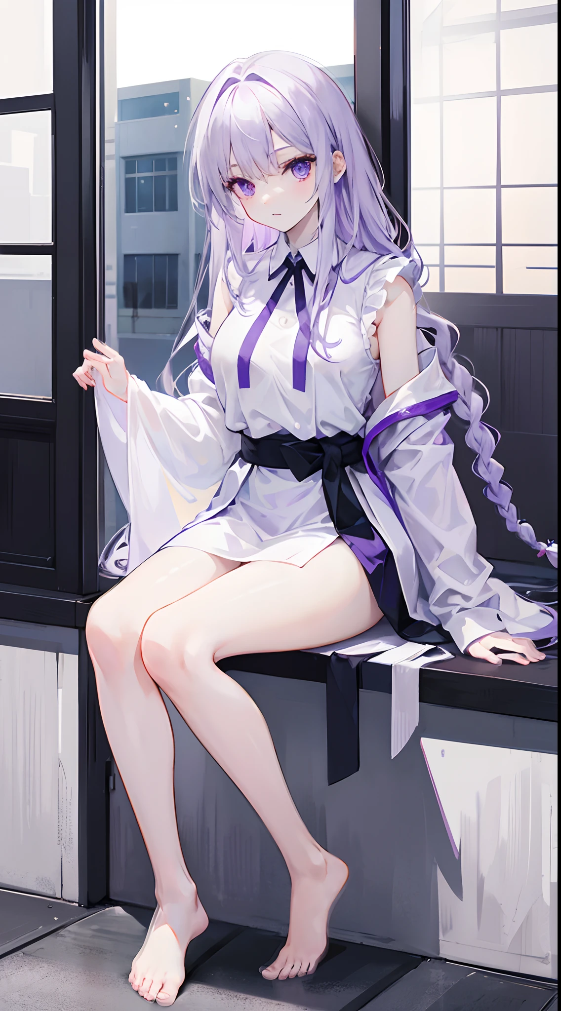 A long pale white-purple hair,The girl with white and purple eyes walked over,She wore a slender braid,Wearing a white gown,What makes people care is the black belt around her waist,A white towel hangs around his neck, She sat down on the ground,A leg was stretched out,Start using your hands and feet,Then press down,Medium build,Sell cute and cute,The eyes are bright,Campus Department Room