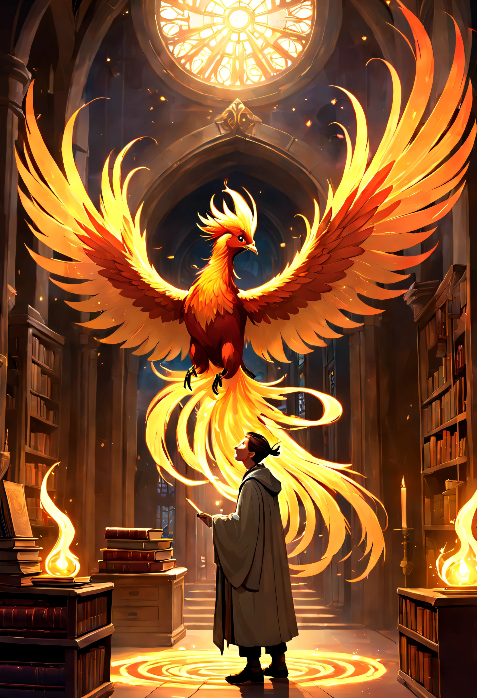 In this enchanting scene set within the hallowed halls of a mystical academy, we see a legendary phoenix, resplendent in its fiery plumage, who has come to impart its ancient wisdom upon the wise old alchemist and their eager young apprentice. The three of them are engrossed in a shared moment of learning, as the ethereal flames dance around them, casting an otherworldly glow on the various alchemical apparatus and books that adorn their workspace.
