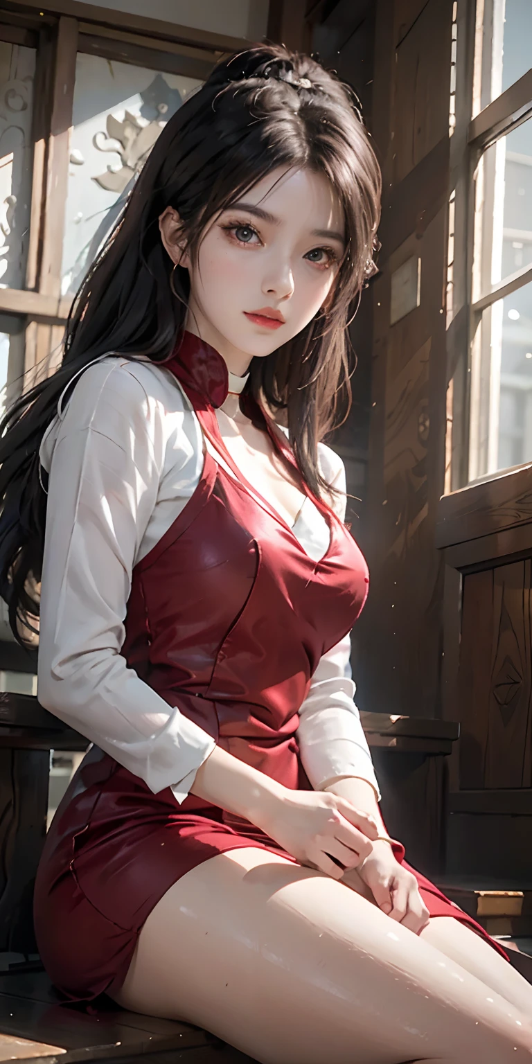 Beautiful woman in red sailor dress, Exorcism charm, Sitting in a Chinese temple, The dragon zigzag around., anime girl cosplay, cosplay photo, anime cosplay, Sailor Moon Style, Realistic style, Cinematic Photography, 8K RAW, Cinematic lighting effects, seductive anime girl, Beautiful and glamorous anime women, anime goddess