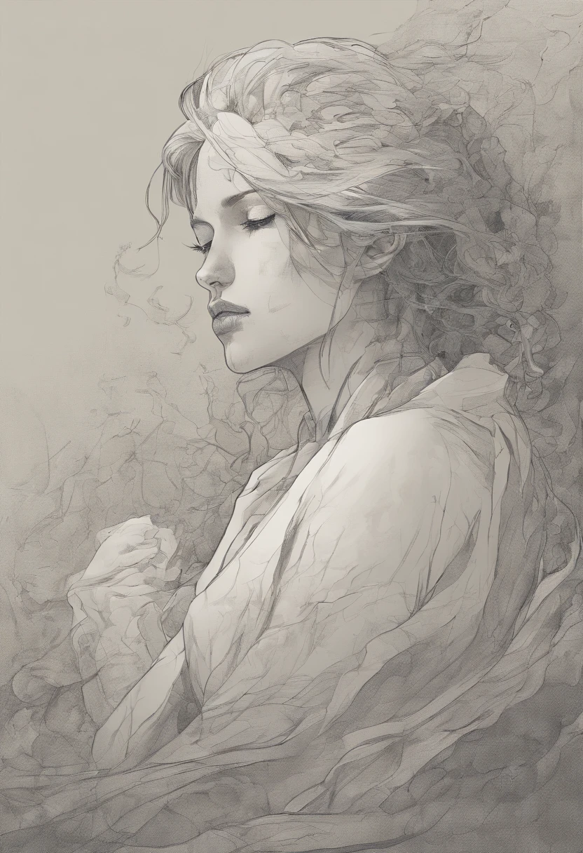 A Melancholy Illustration, Drawing of a pale woman, depiction of agony and suffering.