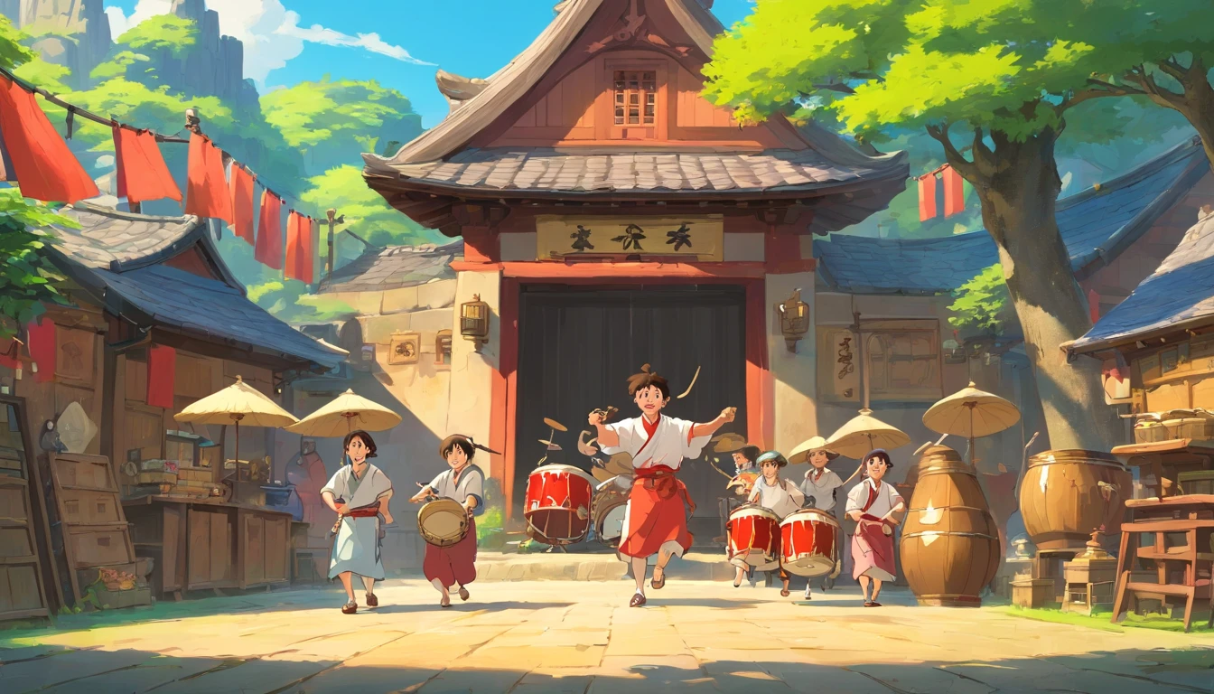 Village scenery background，There is a big stage，In the middle, Xiao Ming and his three are beating drums，be on stage，frontage，Children's picture book style，Graphic illustration