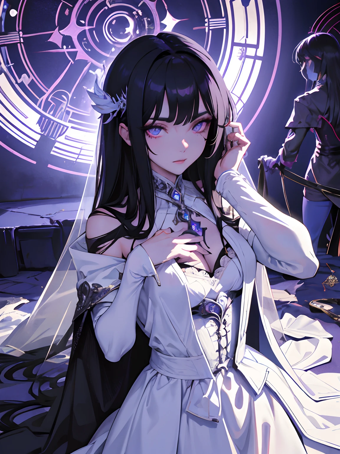 ((masterpiece, best quality)), (1girl), (solo), (female focus), (dark hair, long hair), hair over one eye, purple eyes, arms behind back, sad eyes, cold facial expression, cold look, gothic dress, pale skin, colour grading, dark illustration, extreme quality, radiant, extremely detailed, ultra-detailed face, ultra hd 8k, ultra digitality, mythical, dark lightning, perfect face, beautiful, (perfect composition: 1. 4), detailed face and body, award-winning photography , fields, detailed face, detailed hands, looking at the viewer, cinematic lighting, embers, fantasy background, water splashes, foggy haze, (necromancer), (villain), faux traditional media, (masterpiece, best quality, ultra-detailed, best shadow), (beautiful detailed face, feminine features), (best illumination), ((cinematic light)), colorful, hyper detail, dramatic light, intricate details, (dark circle under eyes), gothic, decadence, stunning, eerie