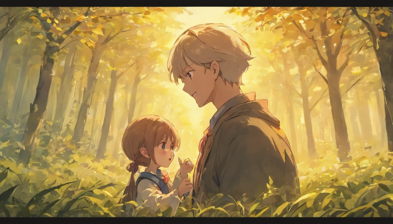 In the beautiful countryside,An old grandfather teaches a young boy to sing,Happy expression