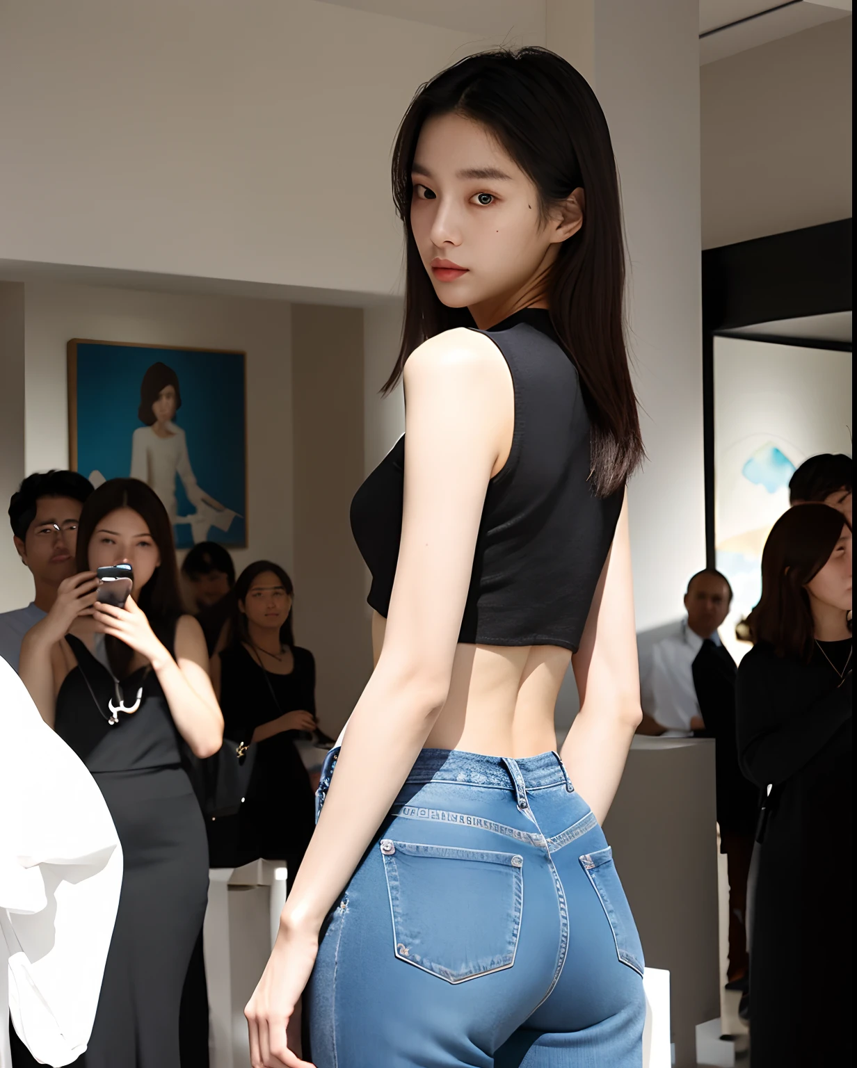 Cinematic Photo of a beautiful korean fashion model, 20 years old, perfect body, perfect skin, tied up hair, delicate face, fair eyes, tight jeans, black crop top long sleeve, black handbag, good posture, standing, spacious art gallery setting, perfect back, facing away from viewer, many people in the background, show full body, sunlight