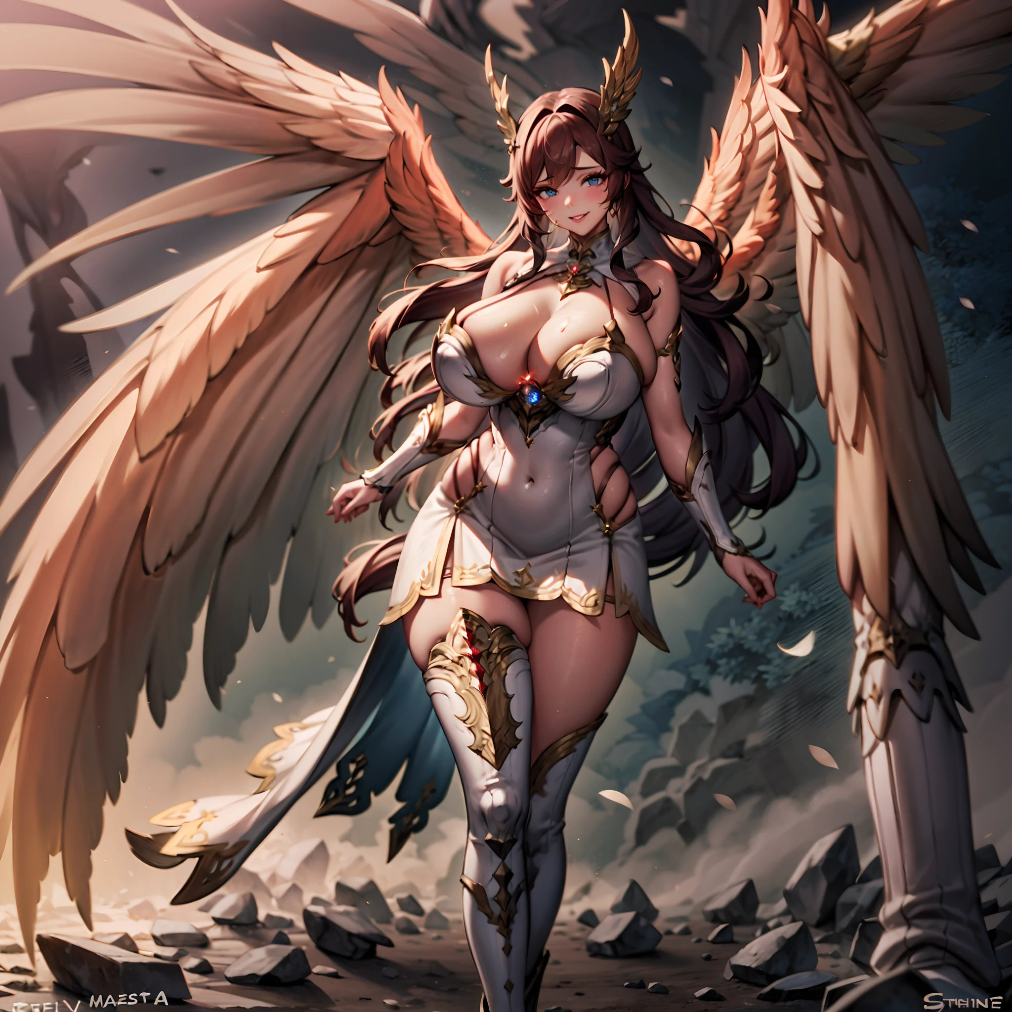 Quality over 8K, a female angel,Sexy,Long Blonde Hair,Anime,Goddess,Symmetrical blue eyes,Ultra detailed eyes,Transparent lingerie,forest,Sword,golden wings,Full body,hyperdetailed lips, hyperdetailed face, Double eyelids, Ultra Detailed feet,で,Beautiful legs,Tight boots,Full Leg Priestess、valkyrie、Angel wings、a navel、sideboob barbosa、with an intricate、Particles of light、thighs thighs thighs thighs、shinny skin、Perfect litthing、1girl in、looking at the viewers、Winged headgear、pelvis curtain、A smile、(​masterpiece)、(top-quality)、Very gigantic-breasts、maternal、Porcelain Skin、honey blonde hair、Very long hair、hair wavy(valkyrie,Paladin:0.6),Angel wings,with an intricate, Perfect Lighting,  Looking at Viewer,(masutepiece), (Best Quality)(valkyrie,Paladin:0.6),Angel wings,with an intricate, Perfect Lighting,  Looking at Viewer,(masutepiece), (Best Quality)(ValkyrieArmor:0.5),(Winged headgear:1.1),School Girl,,with an intricate, Perfect Lighting, 1girl in, Ponytail, Looking at Viewer, Smile, snulight,creek,blazing(masutepiece), (Best Quality),thighs thighs thighs thighs 、a beauty girl，red color mecha，As graceful as a swan，Enchanting，Long grey hair，Red body，Fluorescence line，White hands，lab room，FutureTech，Red indicator light on the body，Full body photo，standing on your feet，dreamy scene，，dyna，super detailing，Cell shade，8K detail post-processing，magnifica，hyperphotorealism，8K，epic composition，intricate-detail，unrealengine，Flying，Laser Cannon，Holy Angel Mecha，Mechanical exoskeleton，whaite hair，golden pupils，flower  sea，Eventide，Angel Maiden，Angel wings，White long skirt，war，Top quality combat stance, 4K, masutepiece :1.3), short petite pretty woman, Blue-haired、Curly hair、length hair、Colossal tits、 Ultra-detailed face、maid clothes、Detailed eyes, sluttish, Pose Seductive,  Smooth skin, (huge-breasted), Round breasts、red blush。kawaii、Shy、1 Crying face、nightcity、Sateen、Kimono without sleeves、A dark-haired、Holding a weapon with blood on it、Looking at the camera、Cherry blossoms are d