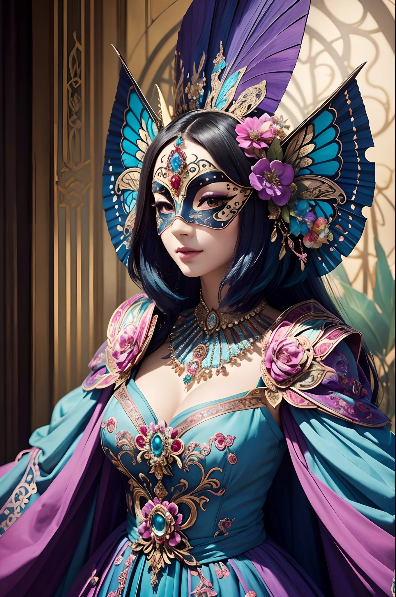 Vibrant colors、Best Quality, master piece、aesthetics、Mysterious、Madame Papillon、Masquerade、Elegance、Gorgeous、Masks that cover most of the face、Colorful and detailed mask design、matchless beauty、refinement、detailed environment, (Best Quality, Ultra-detailed, Realistic:1.37)、gorgeous dress、jewely、Dynamism、thirds rule、Perfect Angle、perfect-composition。full body Esbian