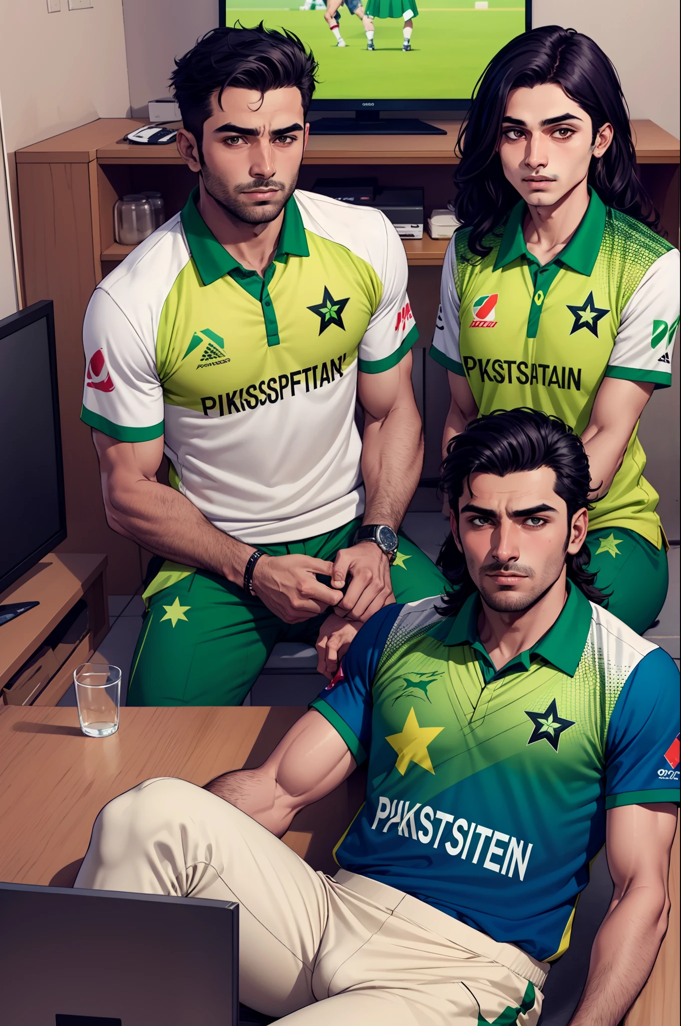 a young man wear Pakistan cricket kit and watching Pakistan cricket team match on tv live and with girl and girl written on shirt lilly and the man shirt written hasnain