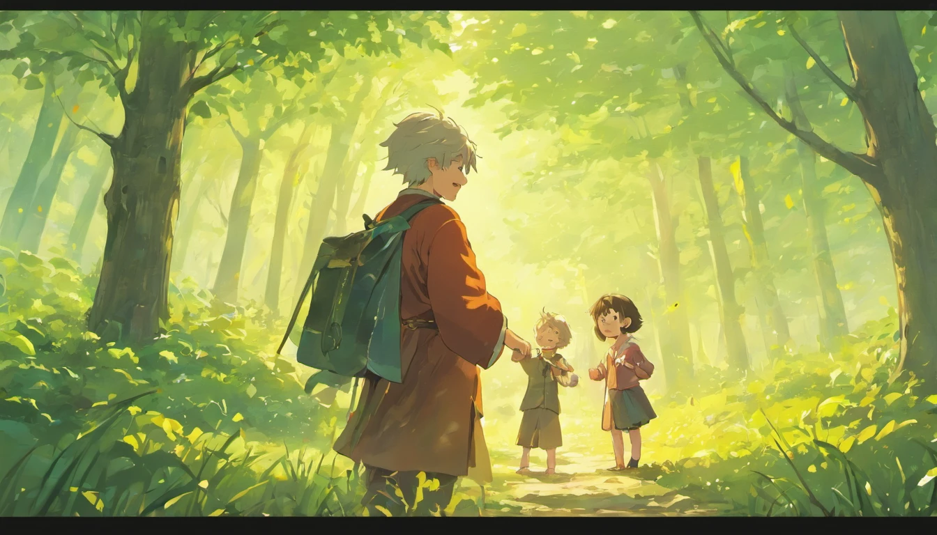 In the beautiful landscape countryside，The old man taught the little boy to sing，Plays drums，Happy expression