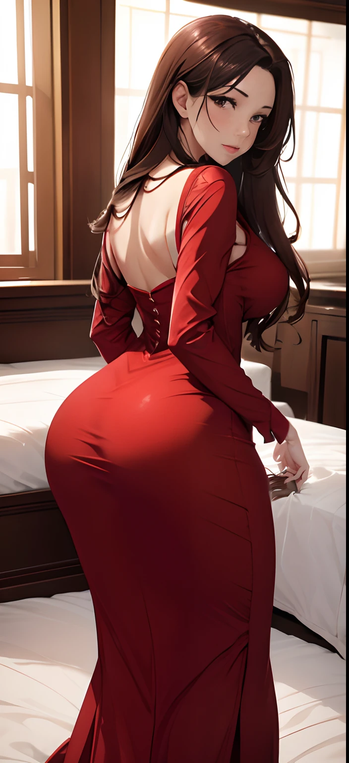 The perfect woman in every detail,aphrodisiac,fascinating,simple red dress , brown long   hair   , in the bed , showing her ass , female eraction , wet  ass ,
