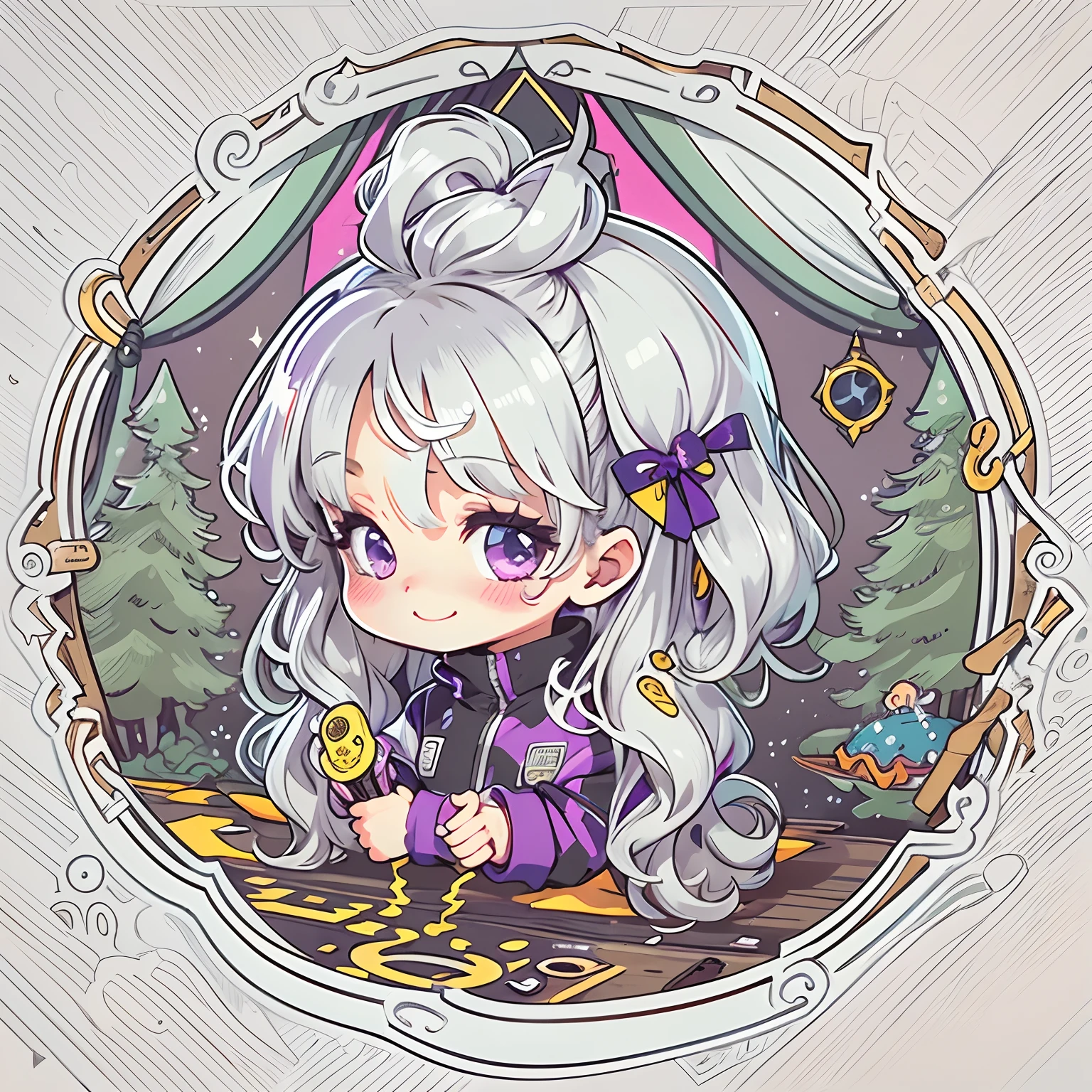 a sticker, Cute Anime, Silvery white hair with long twin tails,Light purple eyes,campsite,Pink Tent,According to,slimey,a smile,Cute outdoor clothes,In a circle, White background, Gold-rimmed,It features a simple, ultra-detailliert, Detailed drawing, vectorized, silhuette, 8K, professional sticker design, Flat design, Vector lines, a sticker, Drawing, Drawing, Full-HD,Purple Neon Tube Frame,A delightful,