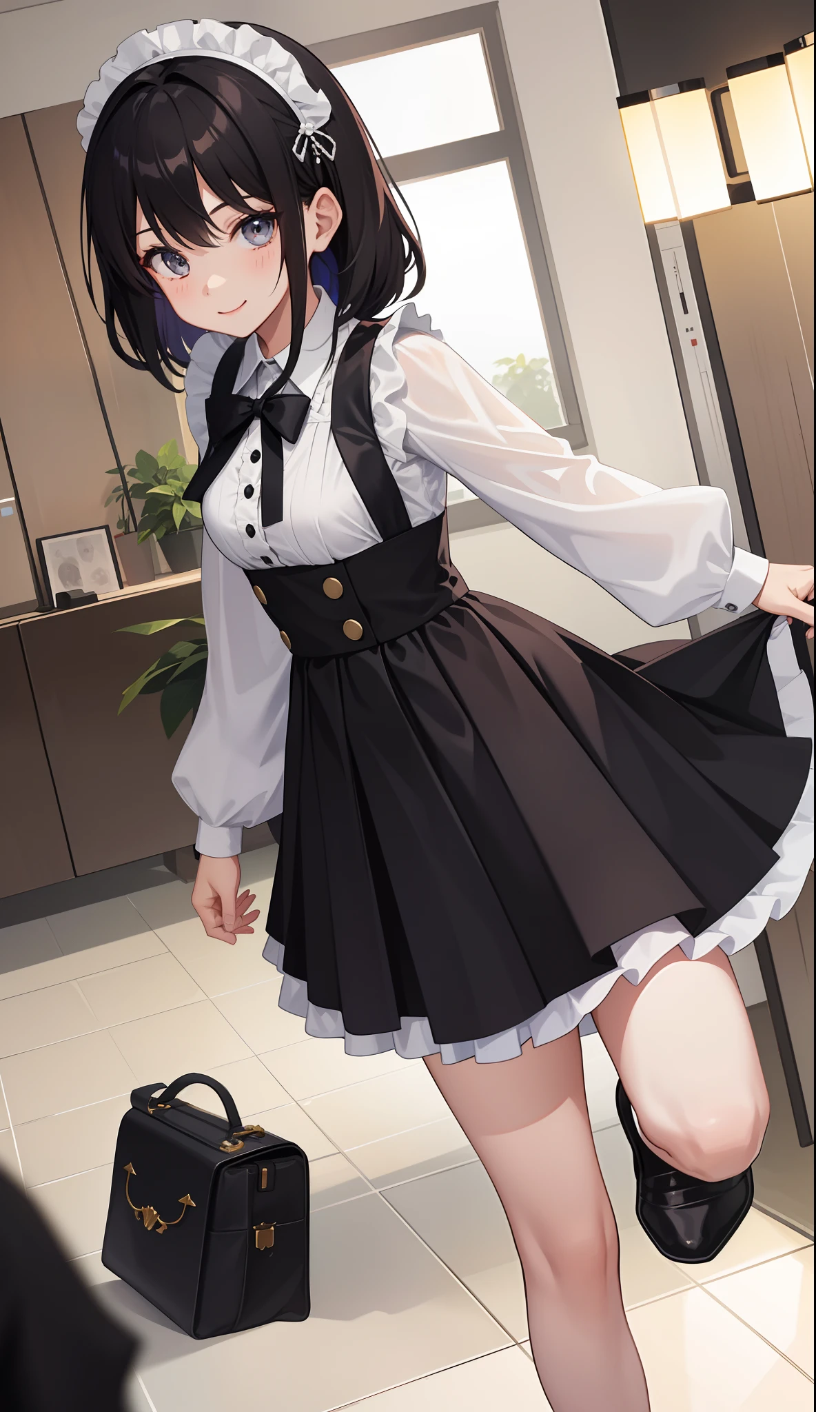 1girl in、AS-Adult、A smile、The shirt、skirt by the、（small tits）、doress、pinafore、Hair decoration、（Maid costume）、Walking with a thigh、Upper body portrait、movement、