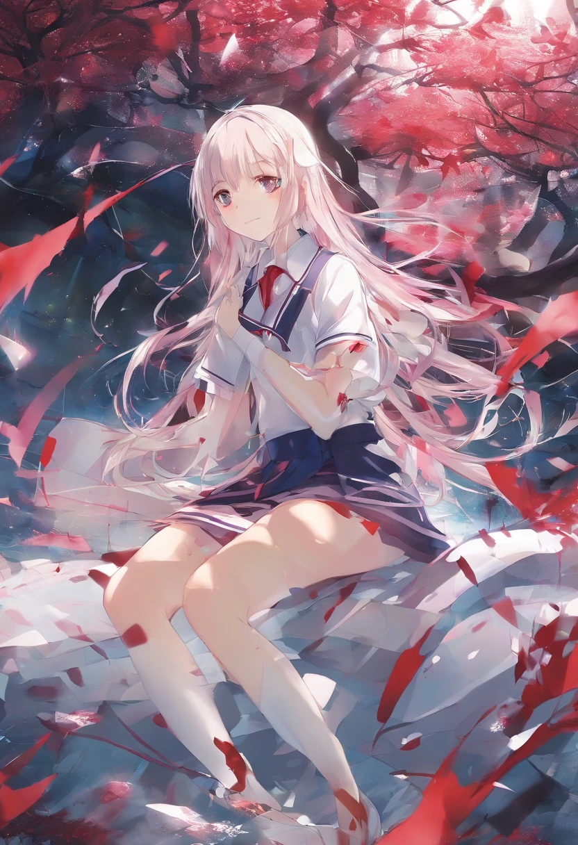 one-girl，Pink Long Hair，Wearing a JK uniform，（white short sleeve）（Short blue skirt），Wearing white stockings，（To the calf），Wear white sneakers，Lying in school，（Legs straight）（Collapsed to the ground）（Naturally），（Look sideways at her），Keep your eyes closed，（unseen），With a knife in his hand，Blood splattered on clothes，The ground was splattered with blood，The whole body is scarred，The throat is cut，Drowned in blood，（Red filter），He was covered in scars from knife cuts