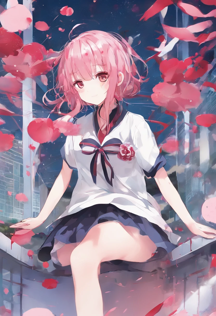 one-girl，Pink Long Hair，Wearing a JK uniform，（white short sleeve）（Short blue skirt），Wearing white stockings，（To the calf），Wear white sneakers，Lying in school，（Legs straight）（Collapsed to the ground）（Naturally），（Look sideways at her），Keep your eyes closed，（unseen），With a knife in his hand，Blood splattered on clothes，The ground was splattered with blood，The whole body is scarred，The throat is cut，Drowned in blood，（Red filter），He was covered in scars from knife cuts