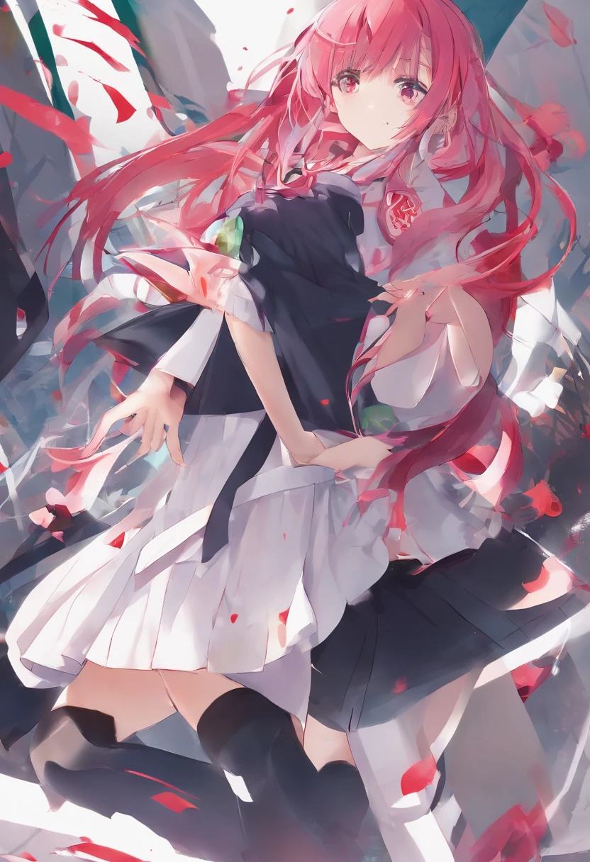 one-girl，Pink Long Hair，Wearing a JK uniform，（white short sleeve）（Short blue skirt），Wearing white stockings，（To the calf），Wear white sneakers，Lying in school，（Legs straight）（Collapsed to the ground）（Naturally），（Look sideways at her），Keep your eyes closed，（unseen），With a knife in his hand，Blood splattered on clothes，The ground was splattered with blood，The whole body is scarred，The throat is cut，Drowned in blood，（Red filter），He was covered in scars from knife cuts