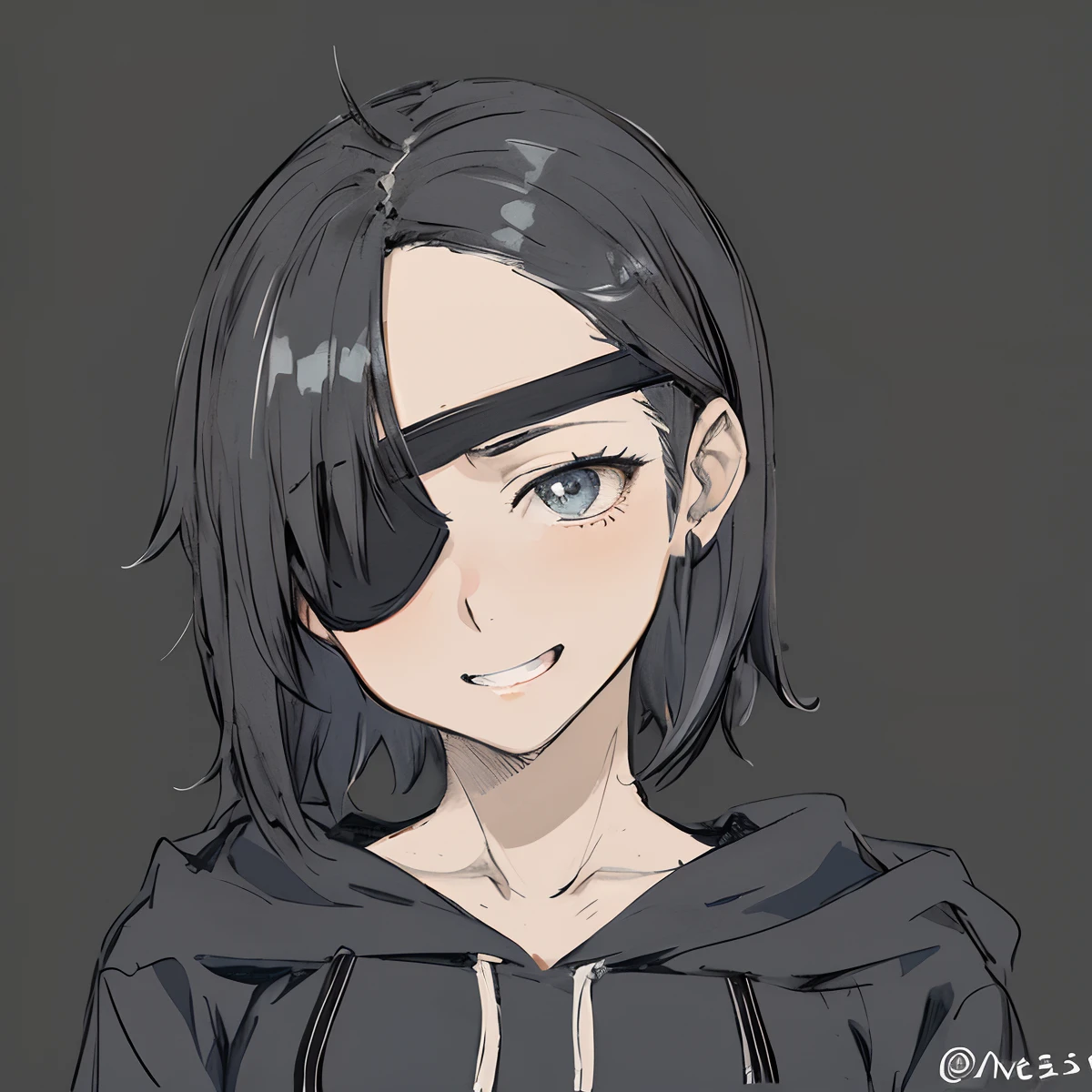 Painting of a girl with a pirate blindfold on her face, in an anime style, In anime style, anime style character, flat anime style shading, clean and meticulous anime style, Anime style portrait, with short hair, subtle anime style, Flat anime style, style of anime, 2 d anime style, black haired girl wearing hoodie, modern anime style