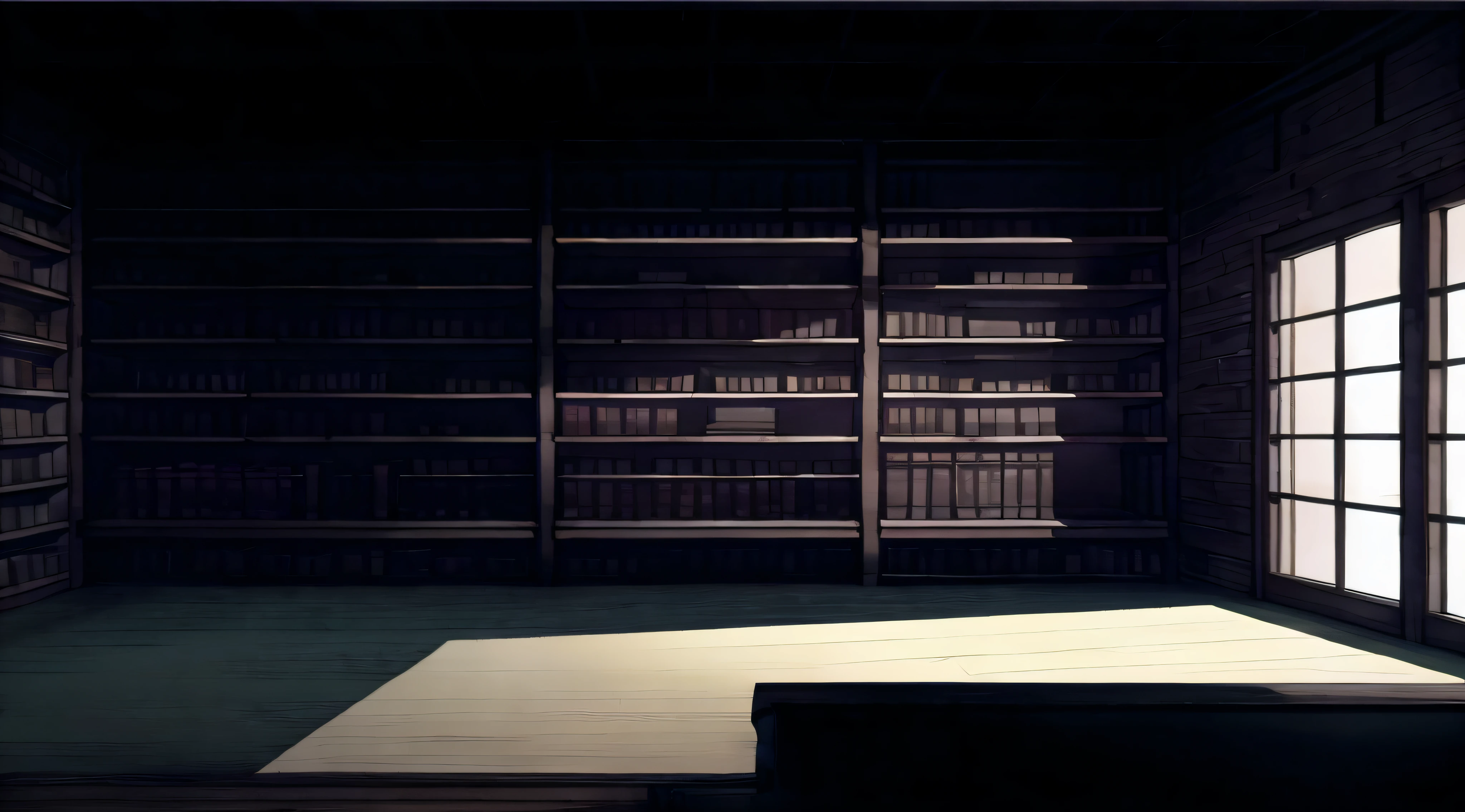 there is a room with a lot of books on the shelves, gloomy library, interior background art, dark library, library background, library interior background, [[empty warehouse]] background, alchemist library background, personal room background, anime background art, dusty library, in a gloomy library, background = library, dimly light room, an empty backroom at night