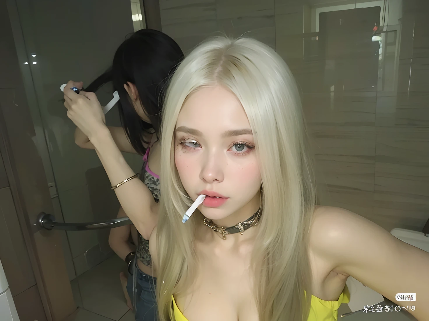 Blonde woman brushing her teeth in a bathroom with a mirror, Ava Max, con pelo largo blanco, cabello rubio muy, very pale, cigarrillo, 19 year old girl, Parece una mezCla de mugres, con cabello largo y rubio, con el pelo largo y blanco, extremely pale blond hair, Cl, Parece una mezCla de grimes, 18 years old, pale hair