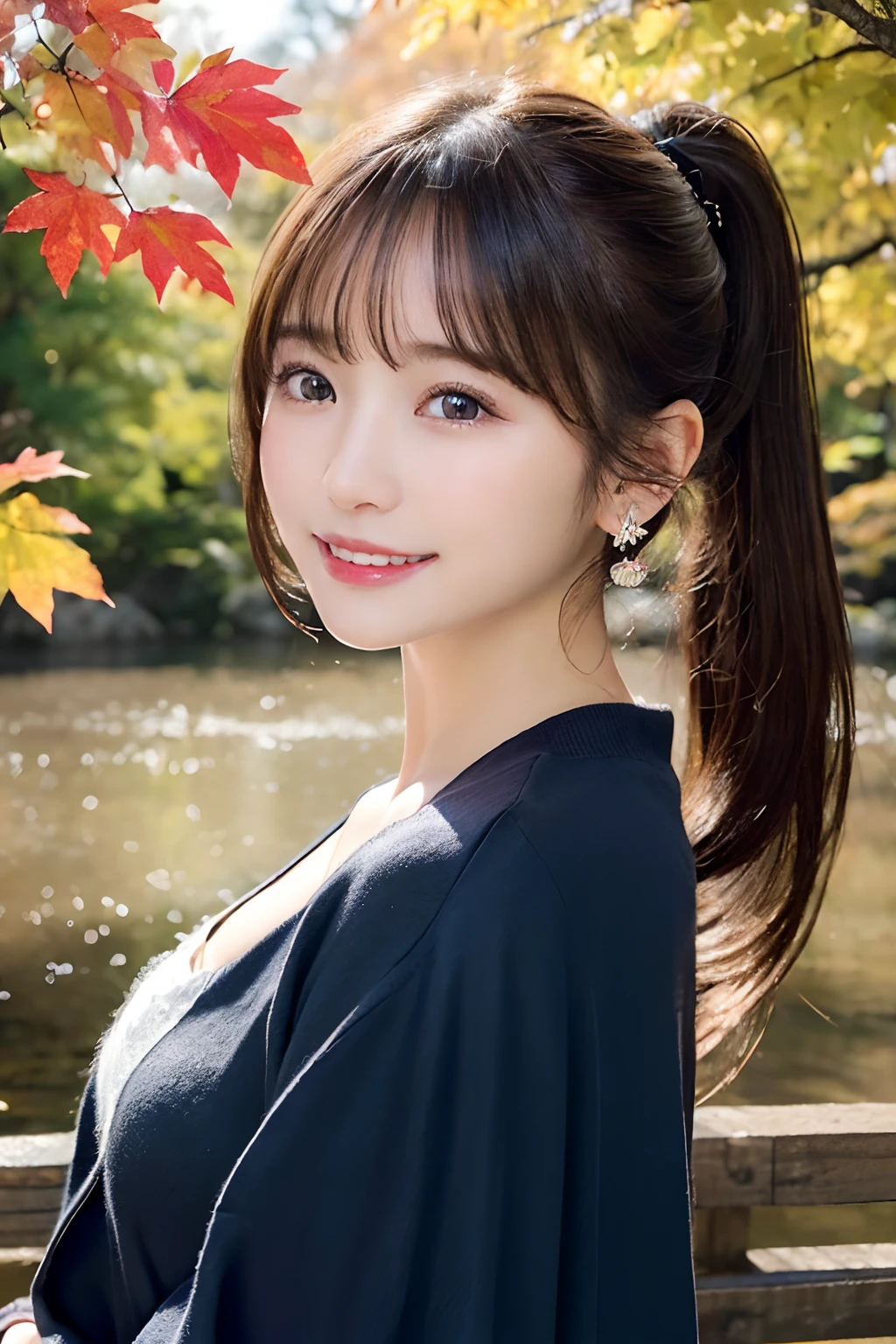 (A hyper-realistic), (illustratio), (hight resolution), (8K), (ighly detailed), (The best illustrations), (Beautiful detailed eyes), (top-quality), (ultra-detailliert), (​masterpiece), (wall-paper), (详细的脸), (beautiful smiling face)、(beautiful countenance)、long、Earrings with bangs、独奏、(((Cute Japan Beautiful Girl)))、  Japan beautiful girl 25 years old))、 ((Baby face))、(((G Cup Big)))agitation、real looking skin、Hair fluttering in the wind、date、autumnal、Colored leaves、Beautiful autumn background、Make love、Cute clothes、Ponytail hair