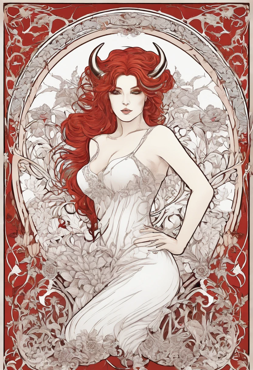 Highly detailed, Seductive erotic woman with horns, Tight fitting shirts, (Busty, It's too big for the shirt to keep popping, Red hair), focus onface, Focus on the face, intricately detailed eyes,