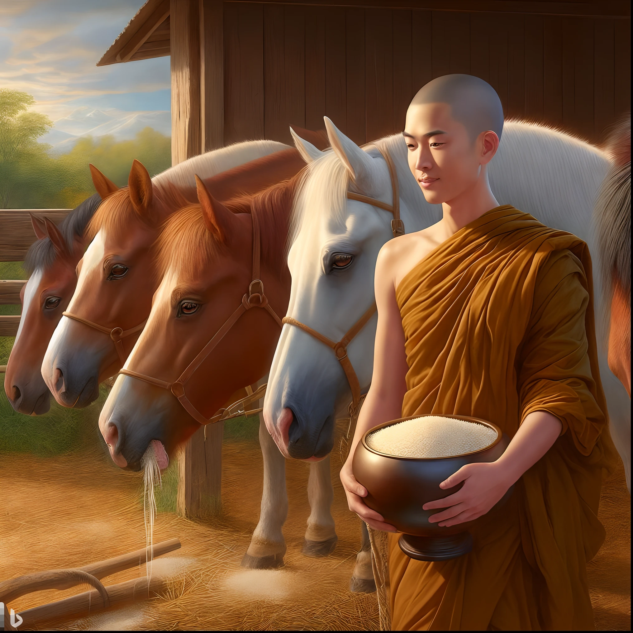 there is a man that is standing next to some horses, buddhist, samsara, concept art of a monk, by Ma Quan, buddhism, monk, buddhist monk, by Stevan Dohanos, tithi luadthong, 2 1 st century monk, hard morning light, by Wayne England, beautiful depiction, monk clothes