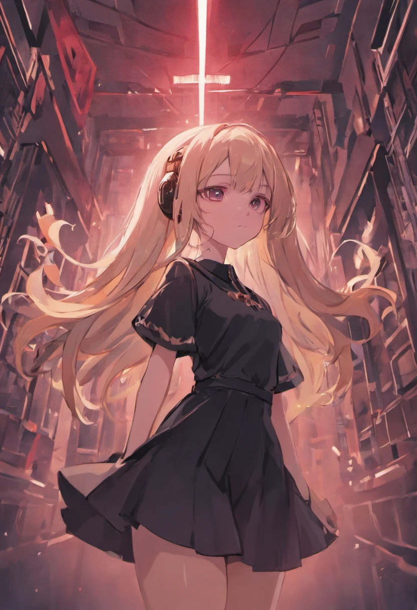 college girl,ultra cool,19years old,Wear a black dress,Wear a headset,Long flowing hair,pink back ground