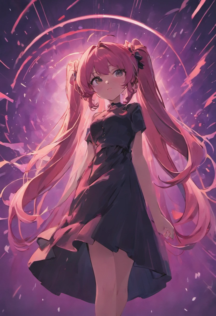 college girl，ultra cool，19years old，Wear a black dress，Wear a headset，Long flowing hair，pink back ground