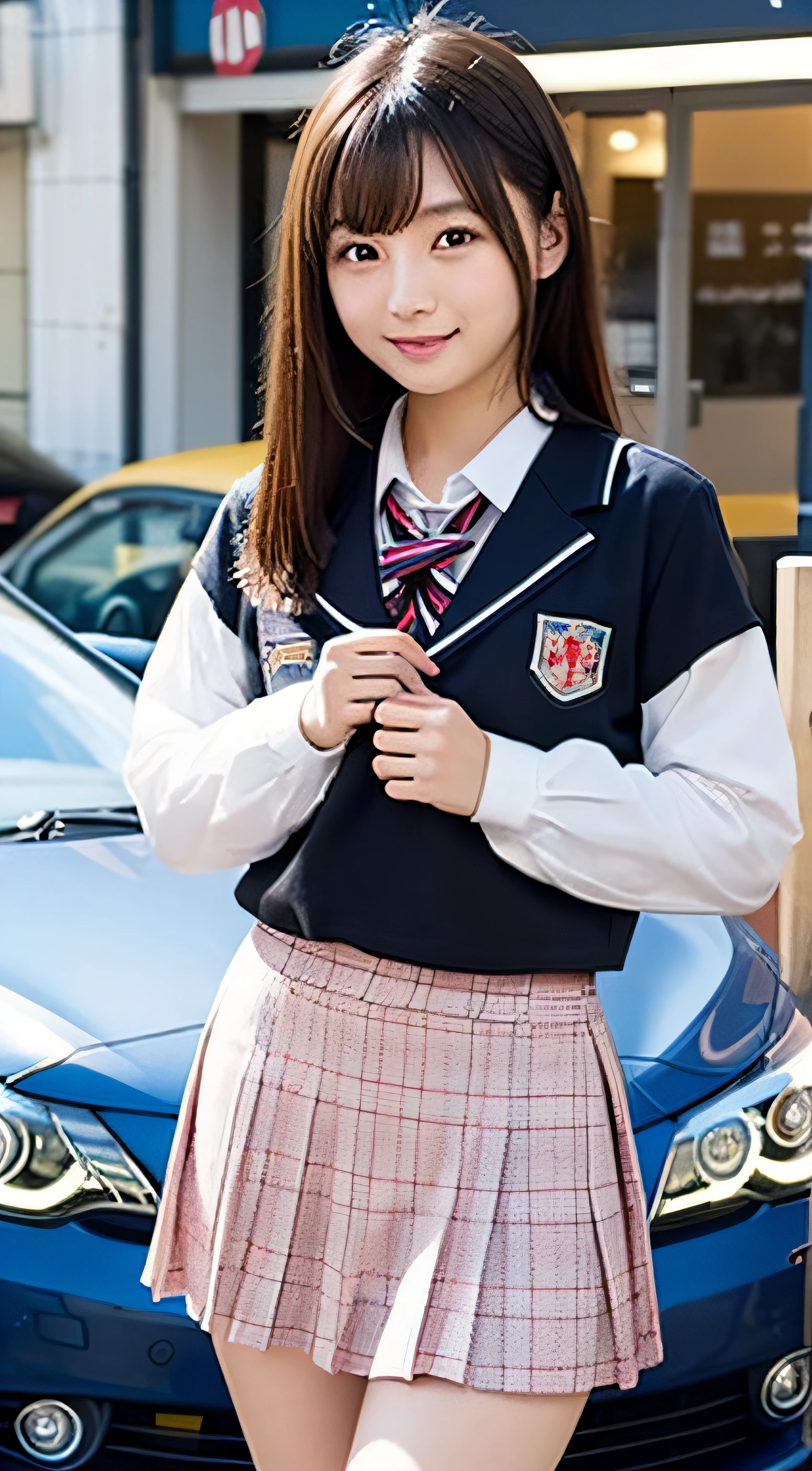 1girl in, Female Japan 18 years old、Standing, Duan, School uniform, Twin-tailed, Car, Her skirt is turned up、white panties