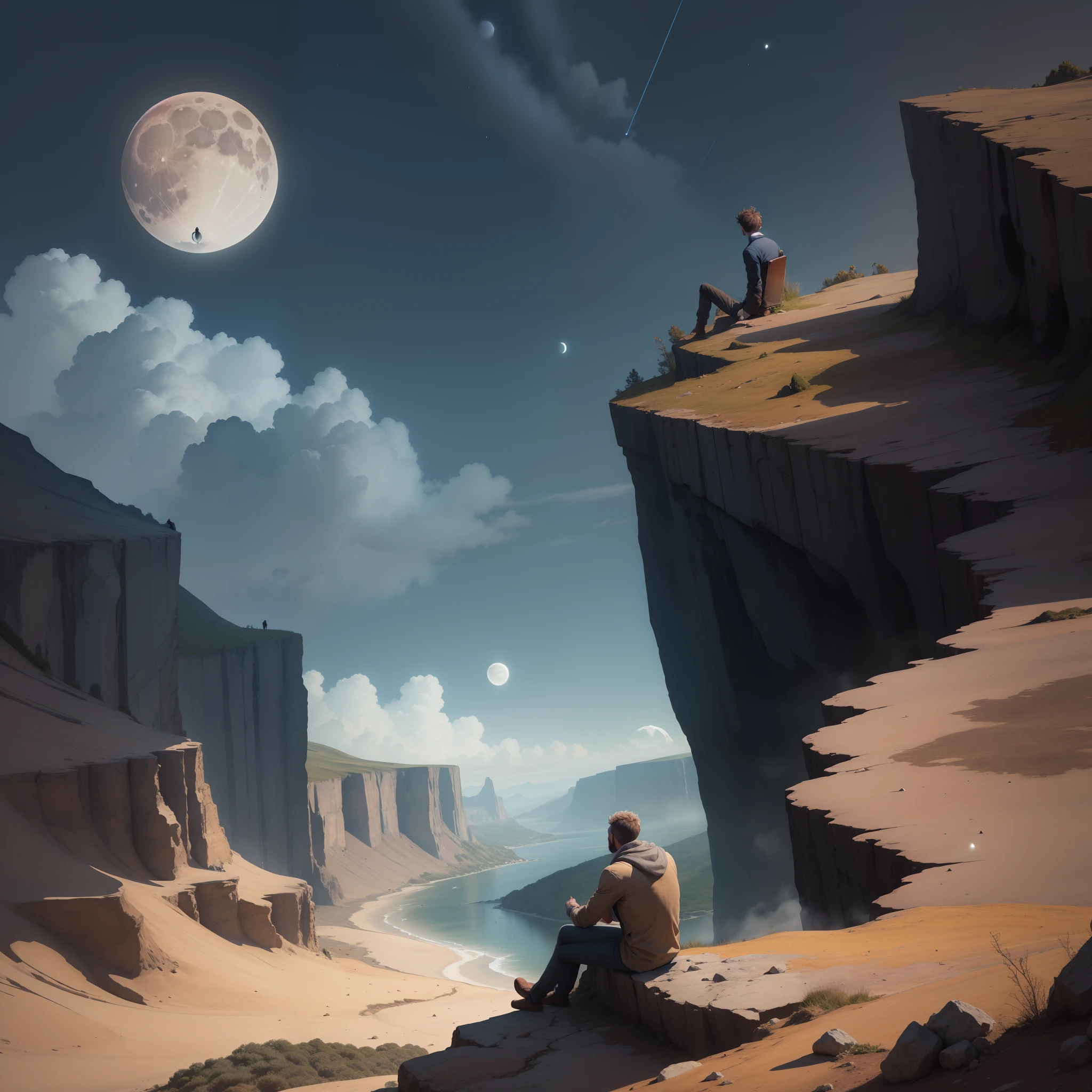 Man sitting in cliff looking at the moon