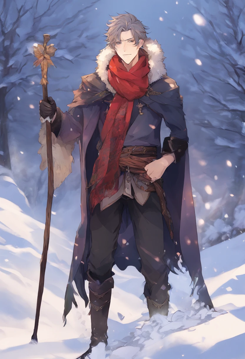 The handsome young man buried his face in a scarf，Stand on the snow，Rub your hands，style of anime ，in a panoramic view，cabelos preto e longos
