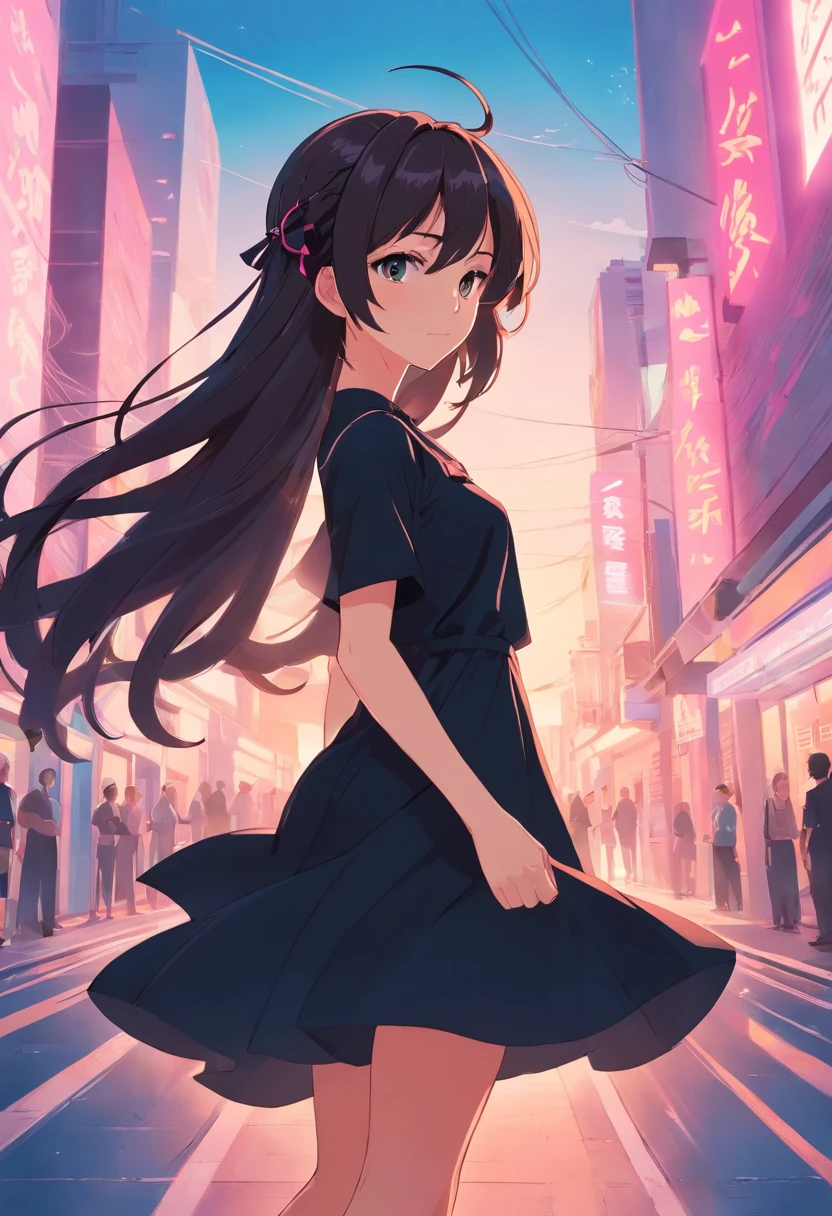 college girl,ultra cool,19years old,Wear a black dress,Wear a headset,Long flowing hair,pink back ground