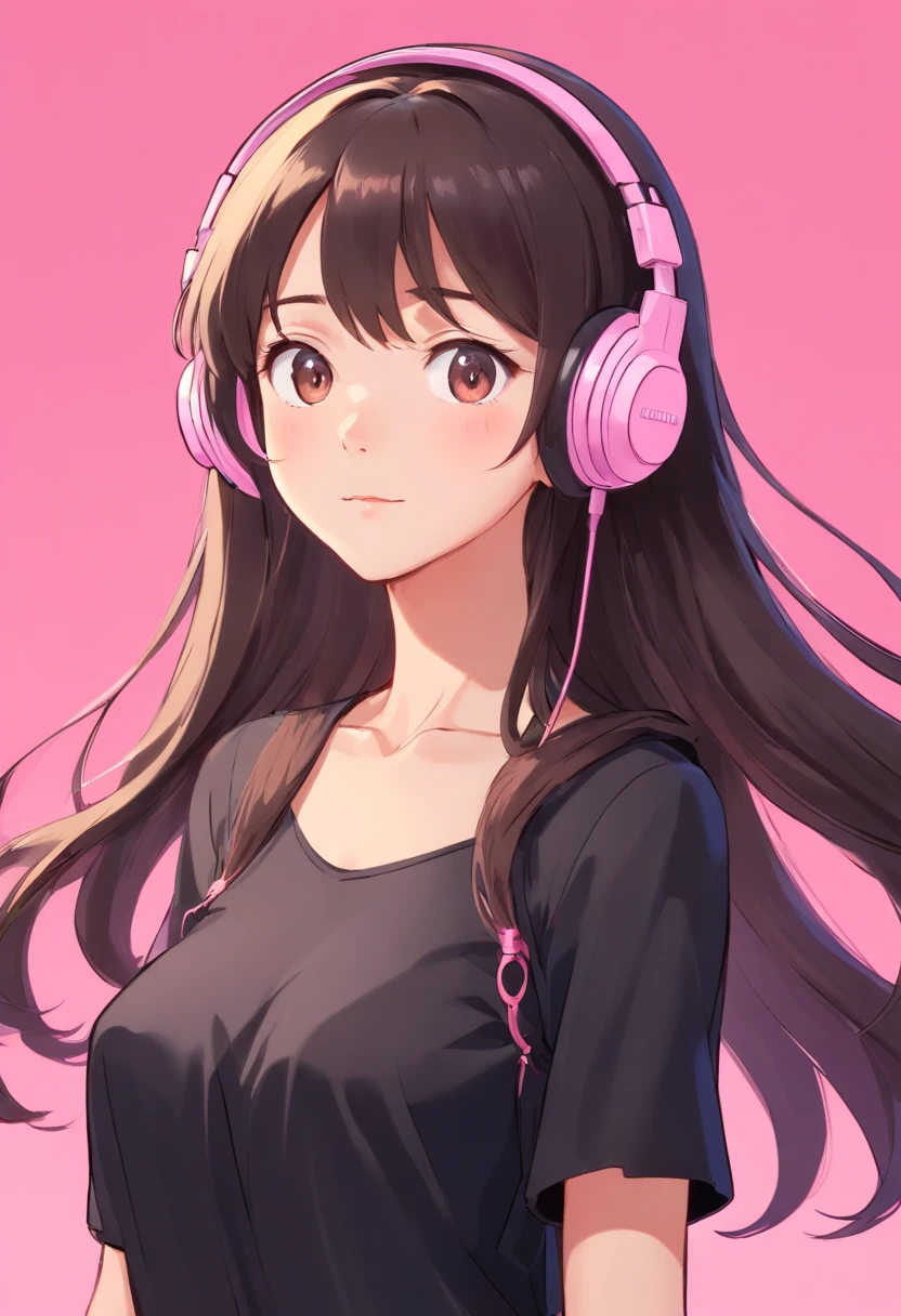 college girl，ultra cool，19years old，Wear a black dress，Wear a headset，Long flowing hair，pink back ground