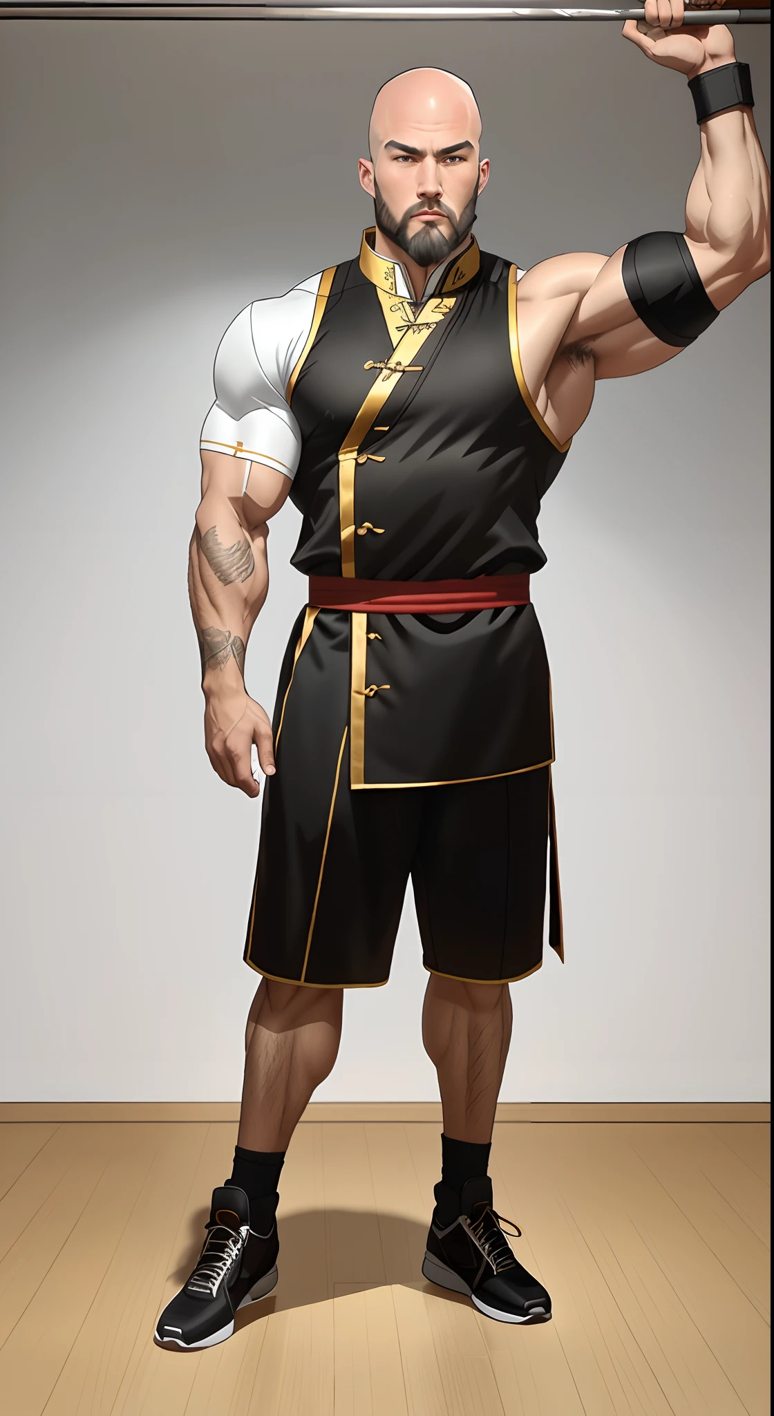 Very muscular white male, bodybuilder, bald head, thick black beard, FH, Masterpiece, best quality, sharp, contrast, realistic drawing, tall black haired man, short hair, wingchun clothes, man wearing the wingchun clothes, golden buttons