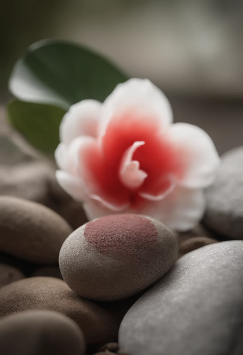 Product Photography::1.6, Muji Lip Balm on white frosted rock, close-up with camellia flower in foreground, bright, white clean background, minimalist style, front lighting, natural light, superb texture, professionally captured through product photography, rich details, Fuji GFX100GFX50, macro photography, combining natural and man-made elements, rendered with cinema4d --ar 3:4, depth of field