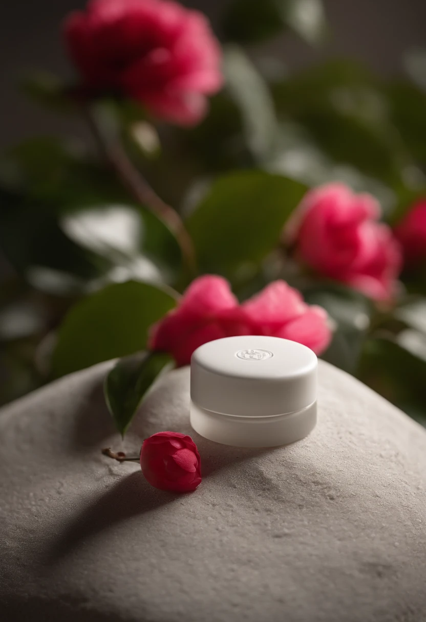 Product Photography::1.6, Muji Lip Balm on white frosted rock, close-up with camellia flower in foreground, bright, white clean background, minimalist style, front lighting, natural light, superb texture, professionally captured through product photography, rich details, Fuji GFX100GFX50, macro photography, combining natural and man-made elements, rendered with cinema4d --ar 3:4, depth of field