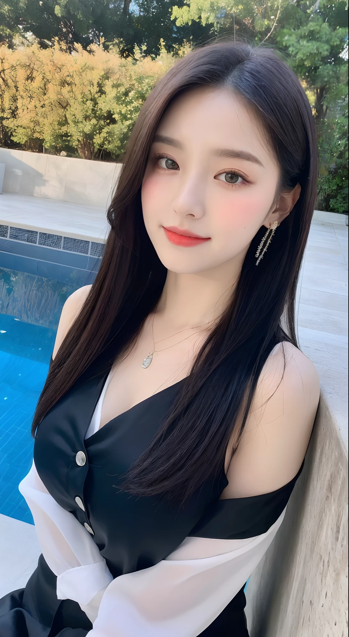 （best qualtiy, 8K, tmasterpiece:1.3)), A pretty maiden，Pure，Melon seed face，gentle and cute，A sweet smile，Pure desire，Thin stature，(frontage)，(Tilt your head)，staring right into camera，uniform, Obi, formal，Black silky long, Straight hair，Long hair flowing over the shoulders，round black big eyes，Clear big eyes，Hydrated red lips，Sweet，Beautiful necklace，Delicate stud earrings，Sit by the pool，with blue sky and white clouds，Blue skies，