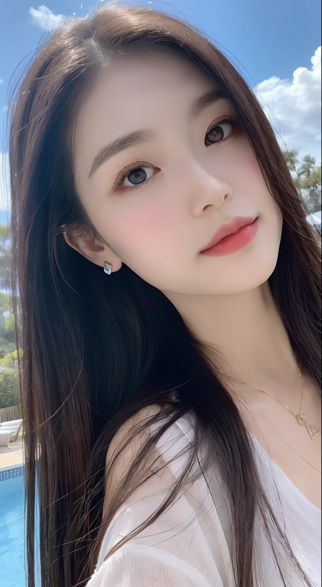 （best qualtiy, 8K, tmasterpiece:1.3)), A pretty maiden，Pure，Melon seed face，gentle and cute，A sweet smile，Pure desire，Thin stature，(frontage)，(Tilt your head)，staring right into camera，uniform, Obi, formal，Black silky long, Straight hair，Long hair flowing over the shoulders，round black big eyes，Clear big eyes，Hydrated red lips，Sweet，Beautiful necklace，Delicate stud earrings，Sit by the pool，with blue sky and white clouds，Blue skies，