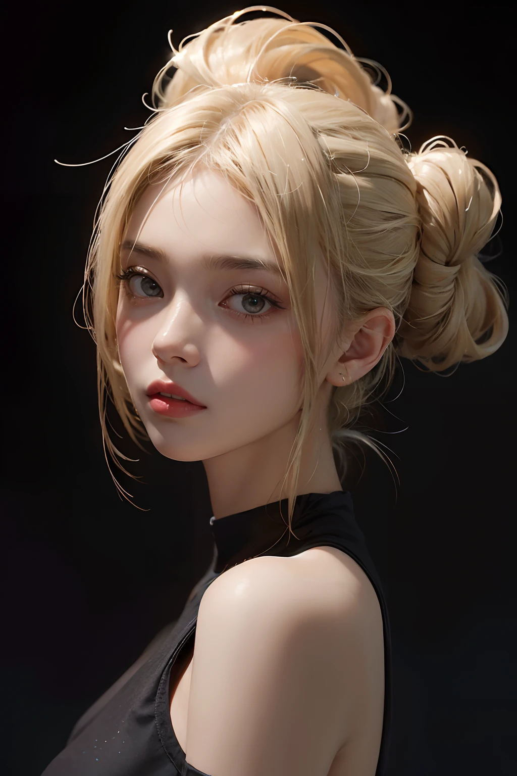 a 20 yo woman, blonde, (High-Top Fed:1.3), dark theme, soothing tones, muted colors, high contrast, (natural skin texture, hyperrealism, Soft light, sharp)