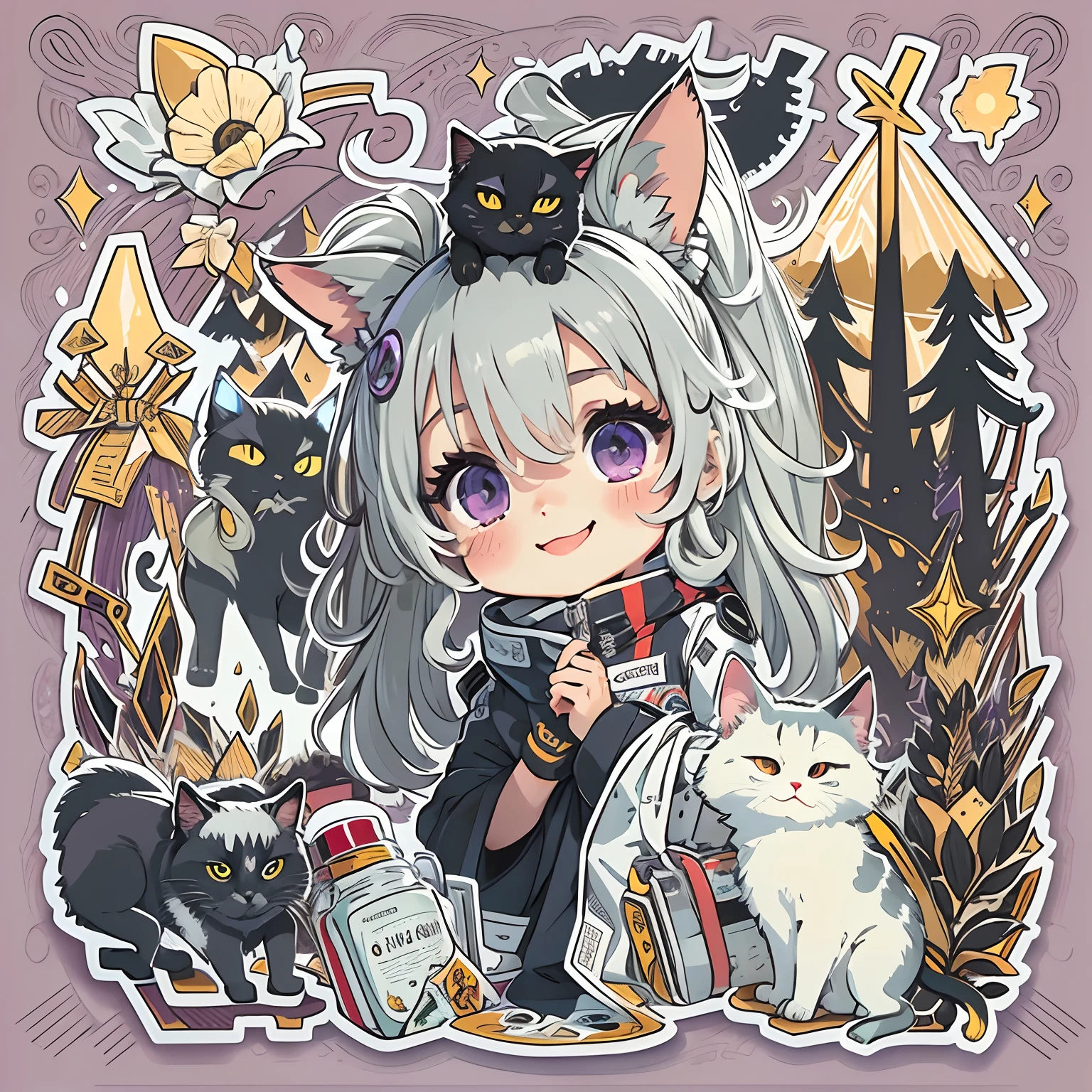 a sticker, pretty anime girl, (Silvery-white hair with long twin tails),Reddish-purple eyes,Happy smile,campsite,teepee,There is only one black cat,In a circle, White background, Gold-rimmed,It features a simple, ultra-detailliert, Detailed drawing, vectorized, silhuette, 8K, professional sticker design, Flat design, Vector lines, a sticker, Drawing, Drawing, Full-HD,Neon Tube Frame,Fluorescent Tubes,Transparency,Cute outdoor clothes