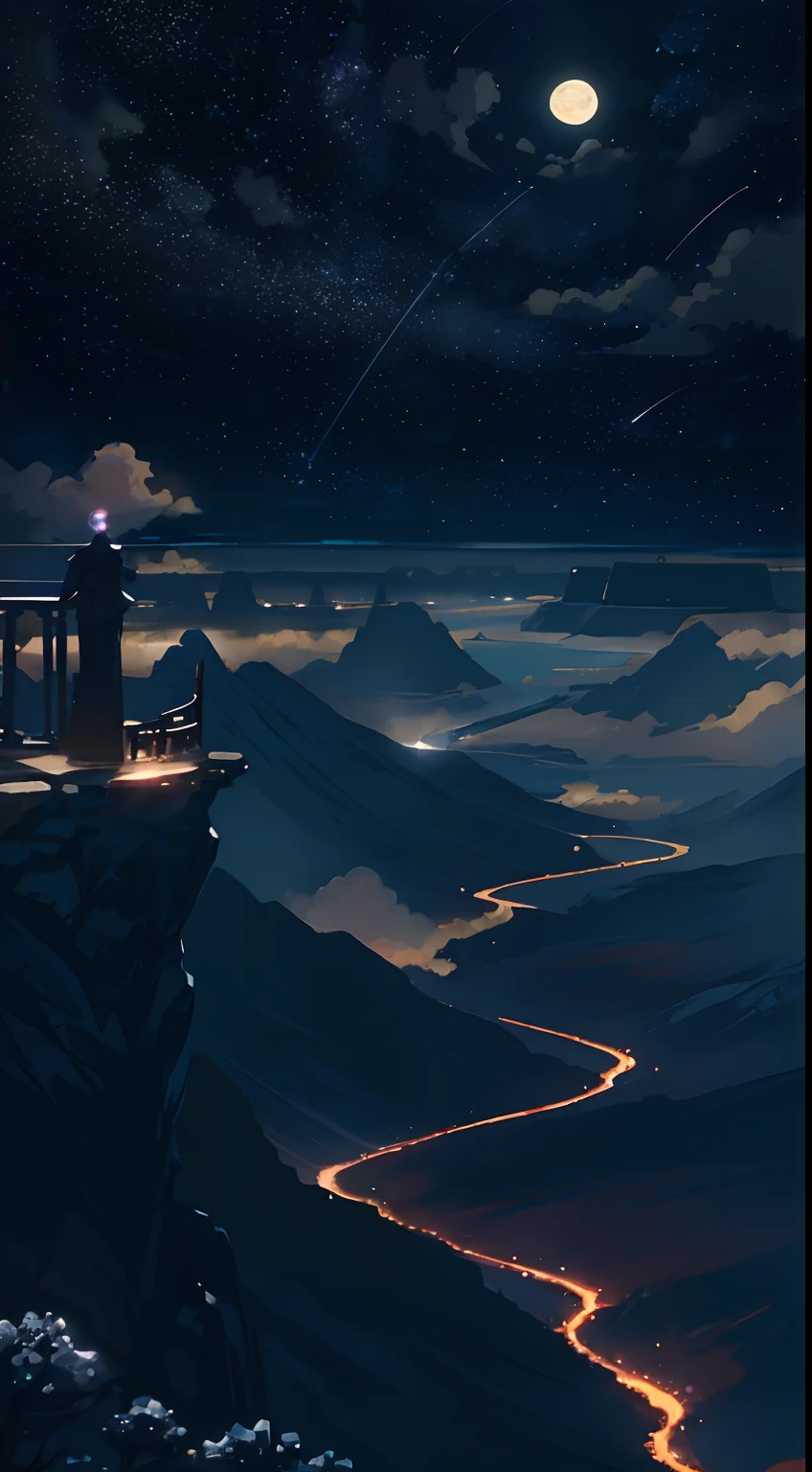 A painting of the river and the stars and the moon in the sky, with bright colors, by Makoto Shinkai. Concept art inspired by Tosa Mitsuoki, pixiv contest winner, best quality, fantasy art, beautiful anime scenes, golden moon. A bright moon, starry sky environment under the moonlight, dream painting, anime background art, fantasy landscape art, dreamy night, anime background, background artwork, dreamy art, atmospheric anime, starry sky, details enhanced.