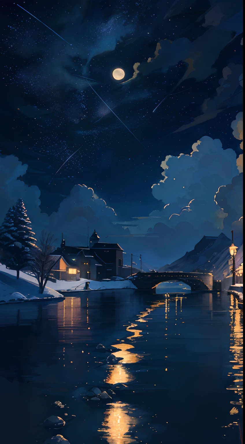 A painting of the river and the stars and the moon in the sky, with bright colors, by Makoto Shinkai. Concept art inspired by Tosa Mitsuoki, pixiv contest winner, best quality, fantasy art, beautiful anime scenes, golden moon. A bright moon, starry sky environment under the moonlight, dream painting, anime background art, fantasy landscape art, dreamy night, anime background, background artwork, dreamy art, atmospheric anime, starry sky, details enhanced.