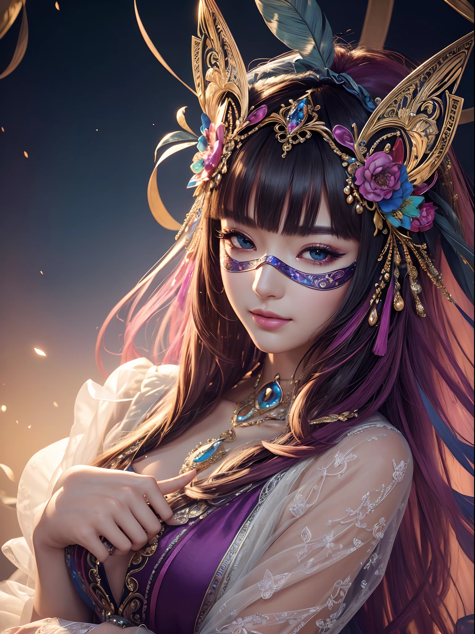 Vibrant colors、((masterpiece)))、(((top-quality)))、((ultra-detailliert))、(A hyper-realistic)、(highly detailed CGillustration)、Cinematic light、Photorealsitic、Mysterious、Madame Papillon、Masquerade、Elegance、Gorgeous、Masks that cover most of the face、Colorful and detailed mask design、matchless beauty、refinement、detailed environment, (Best Quality, Ultra-detailed, Realistic:1.37)、gorgeous dress、jewely、Dynamism、thirds rule、Perfect Angle、perfect-composition。full body Esbian
