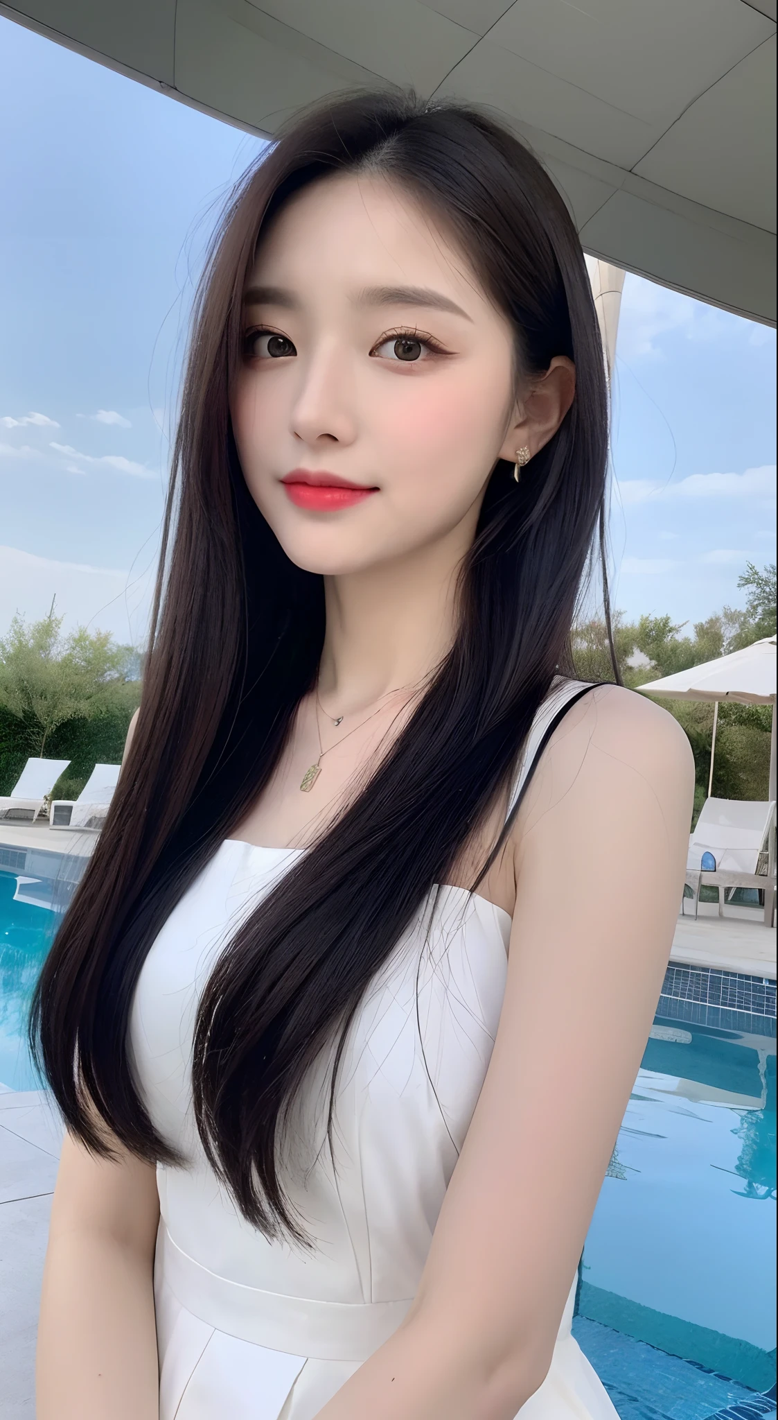 （best qualtiy, 8K, tmasterpiece:1.3)), A pretty maiden，Pure，Melon seed face，gentle and cute，A sweet smile，Pure desire，Thin stature，(frontage)，(Tilt your head)，staring right into camera，uniform, Obi, formal，Black silky long, Straight hair，Long hair flowing over the shoulders，round black big eyes，Clear big eyes，Hydrated red lips，Sweet，Beautiful necklace，Delicate stud earrings，Sit by the pool，with blue sky and white clouds，Blue skies，