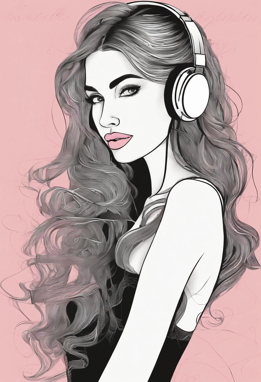 college girl，ultra cool，19years old，Wear a black dress，Wear a headset，Long flowing hair，pink back ground