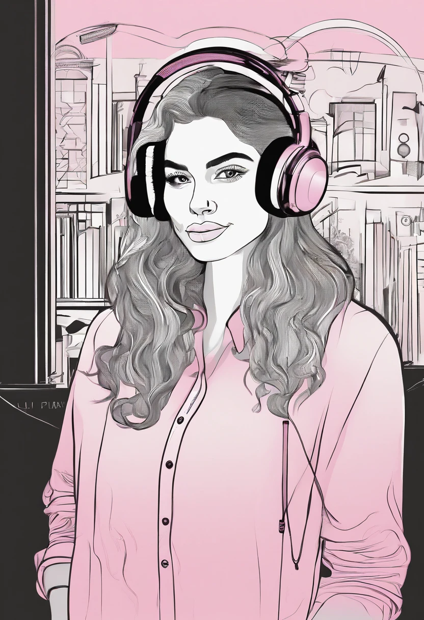 college girl，ultra cool，19years old，Wear a black dress，Wear a headset，Long flowing hair，pink back ground