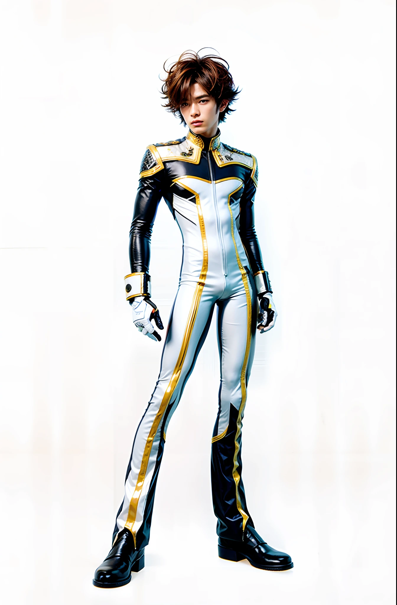 Japanese Male Character, cabelos castanhos, White leather jumpsuit with gold details, mangas azuis, luvas brancas com detalhes dourados, botas, azuis