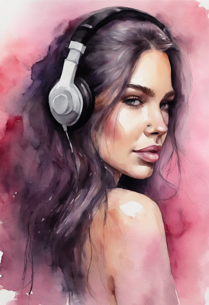 college girl,ultra cool,19years old,Wear a black dress,Wear a headset,Long flowing hair,pink back ground