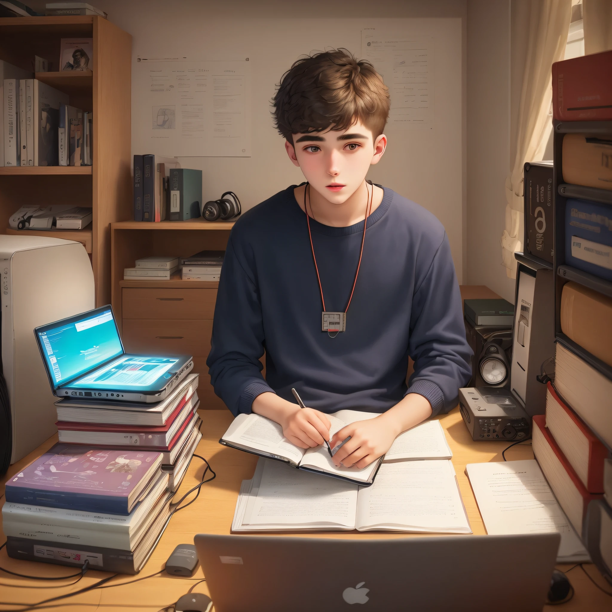 A 20-year-old boy behind a Kit on a laptop desk and some English, IELTS books, headphone.