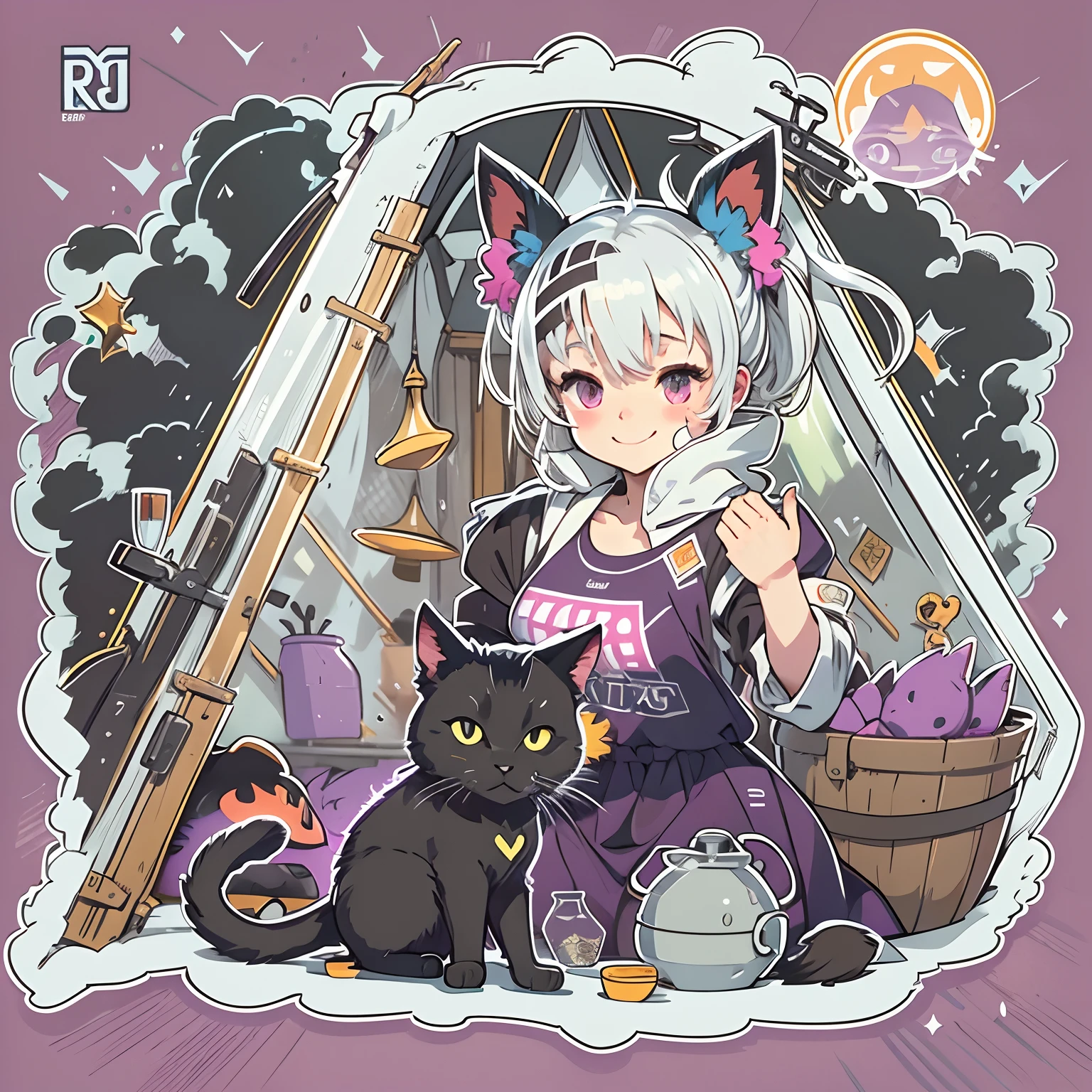 a sticker, pretty anime girl, (Silvery-white hair with long twin tails),Reddish-purple eyes,Happy smile,campsite,teepee,There is only one black cat,In a circle, White background, Gold-rimmed,It features a simple, ultra-detailliert, Detailed drawing, vectorized, silhuette, 8K, professional sticker design, Flat design, Vector lines, a sticker, Drawing, Drawing, Full-HD,Neon Tube Frame,Fluorescent Tubes,Transparency,Cute outdoor clothes