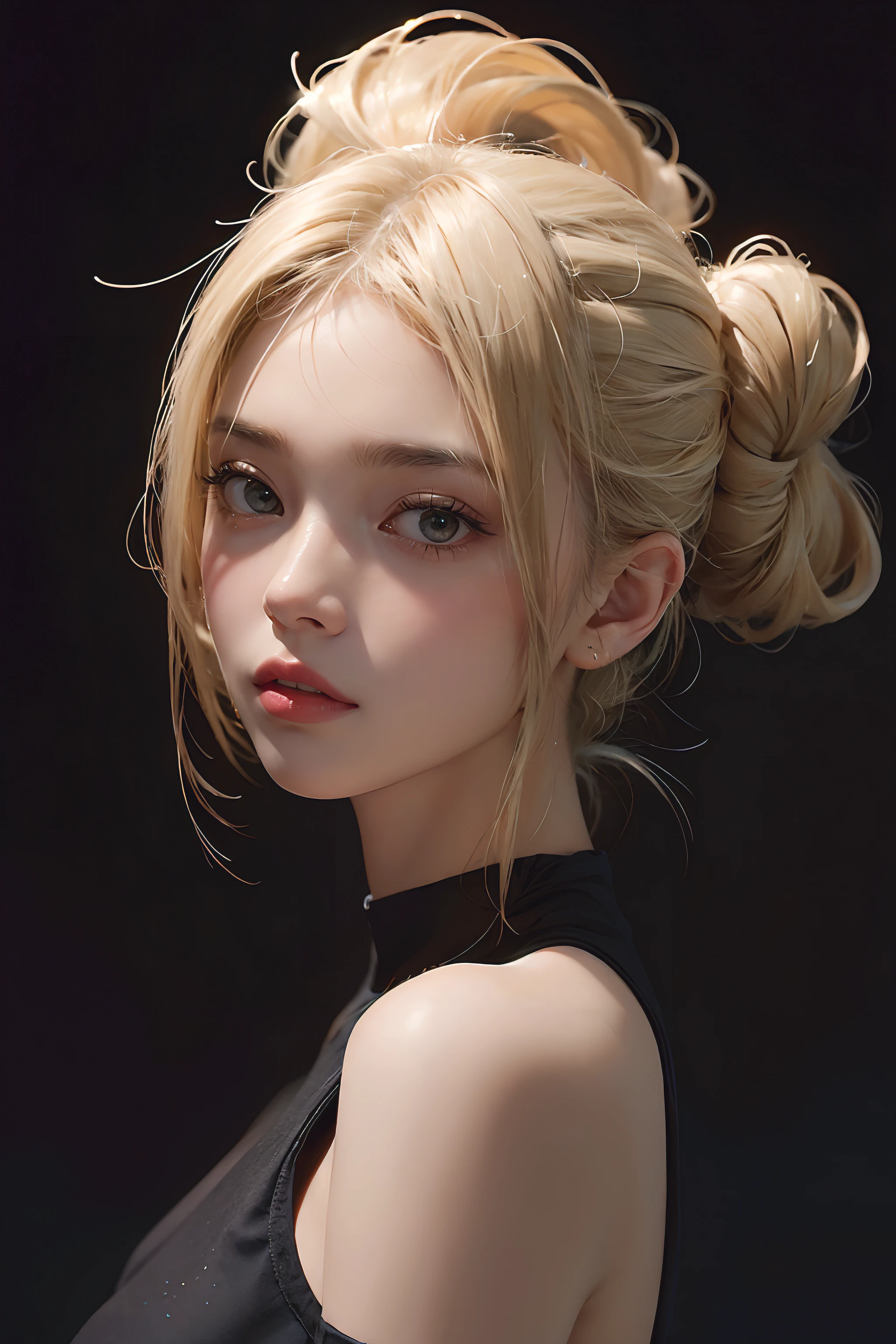 a 20 yo woman, blonde, (High-Top Fed:1.3), dark theme, soothing tones, muted colors, high contrast, (natural skin texture, hyperrealism, Soft light, sharp)