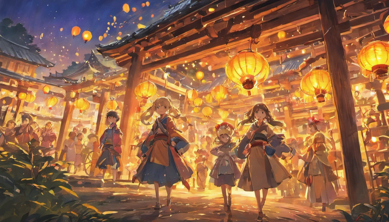 A group of small children、villages、lanterns、jubilation、National characteristics